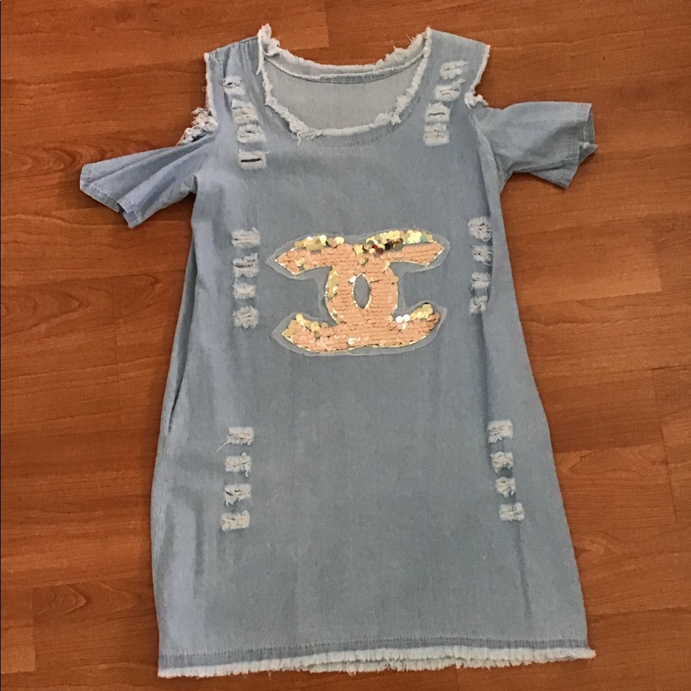 blue off the shoulder distressed Chanel dress